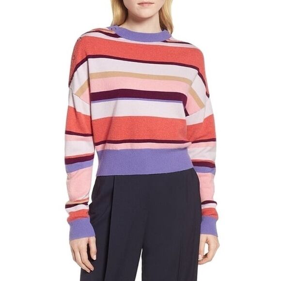 Lewit Cashmere Striped Cropped Sweater Pink Purple - Picture 1 of 11